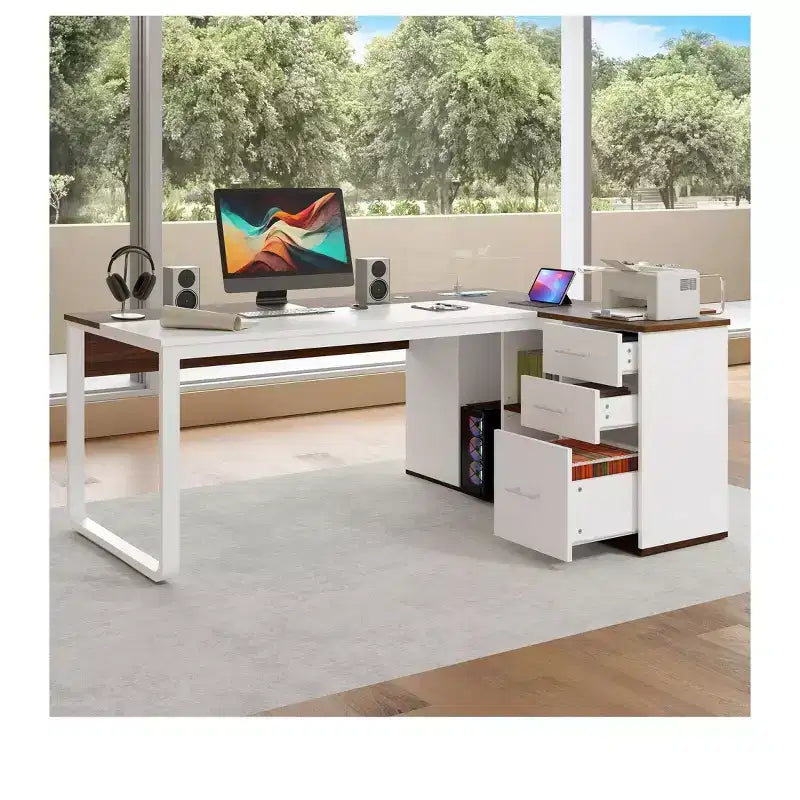 71inch L Shaped Desk with Drawers Executive Desk With File Cabinet, Corner Office Desk with Bookshelf For Home Office White & Walnut