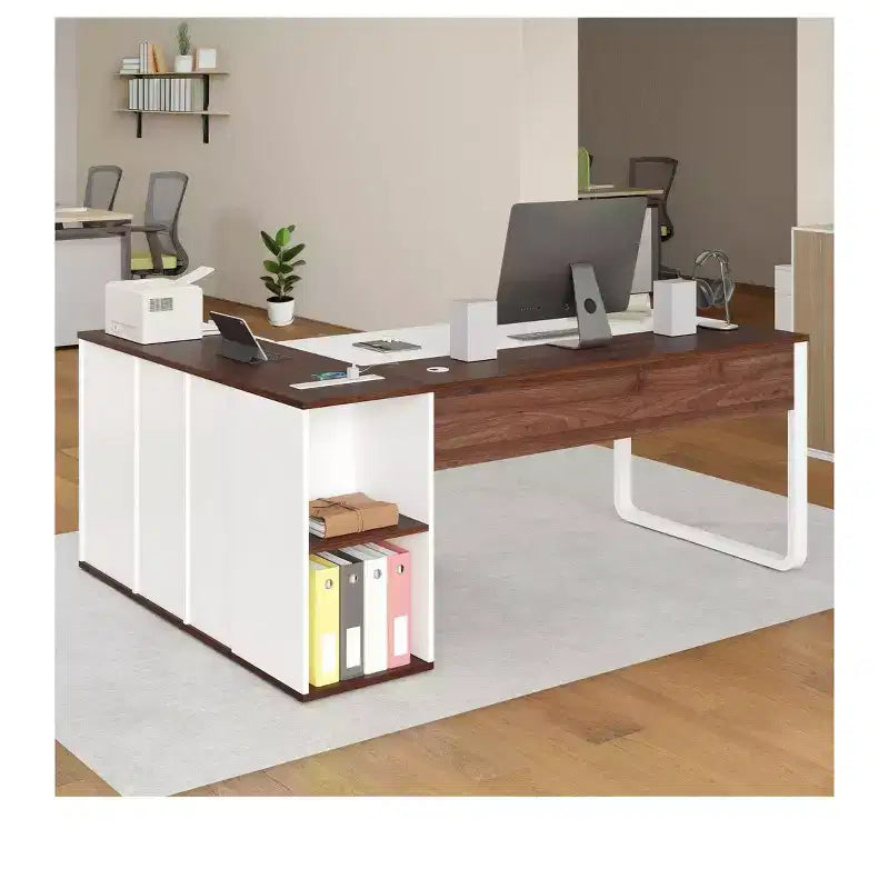 Scrivania a L da 71 pollici con cassetti, scrivania direzionale con schedario, scrivania angolare con libreria per l'ufficio domestico, bianco e noce