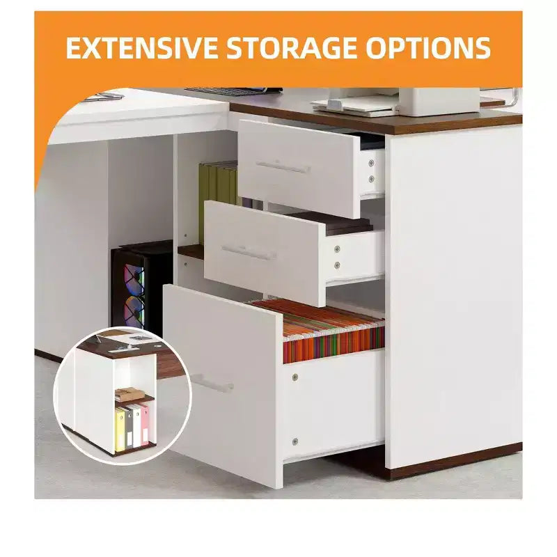 Scrivania a L da 71 pollici con cassetti, scrivania direzionale con schedario, scrivania angolare con libreria per l'ufficio domestico, bianco e noce