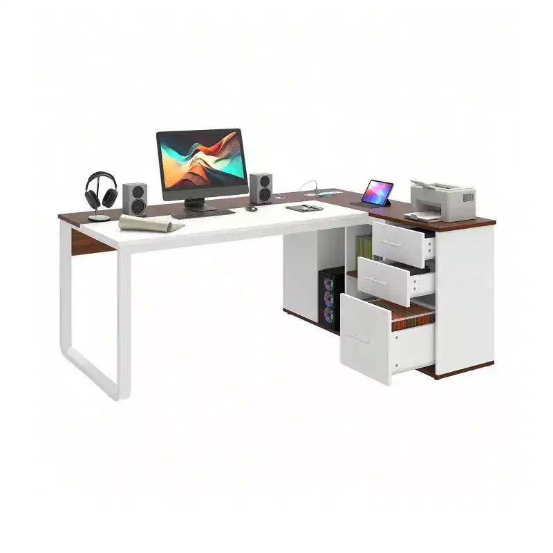 Scrivania a L da 71 pollici con cassetti, scrivania direzionale con schedario, scrivania angolare con libreria per l'ufficio domestico, bianco e noce