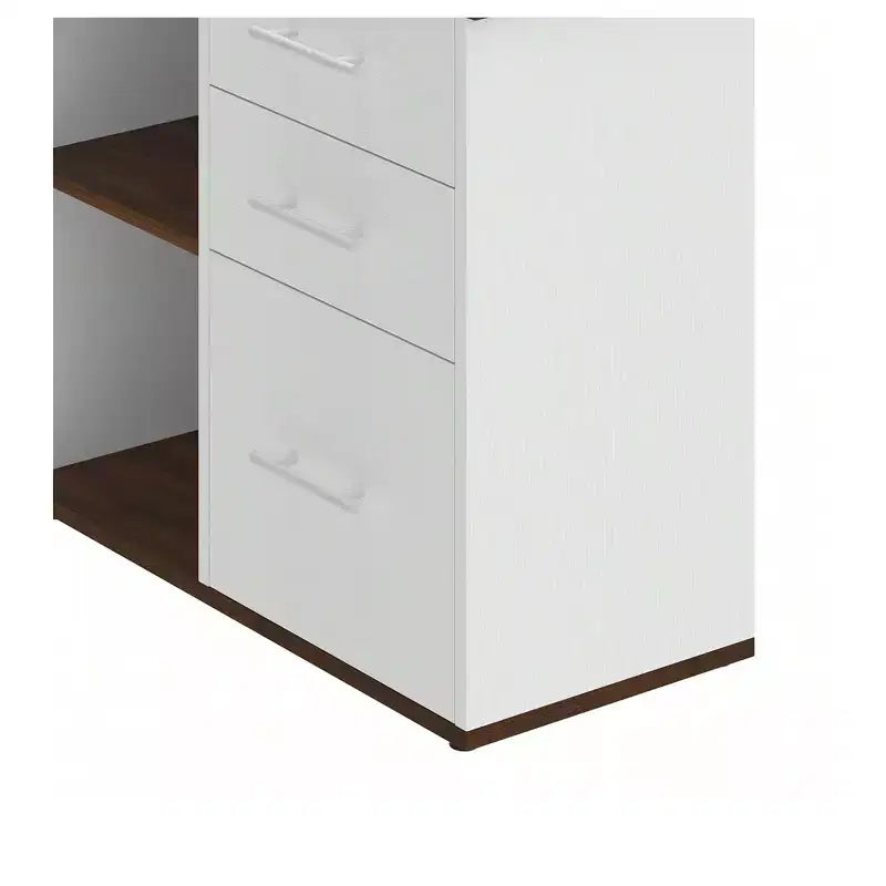 Scrivania a L da 71 pollici con cassetti, scrivania direzionale con schedario, scrivania angolare con libreria per l'ufficio domestico, bianco e noce