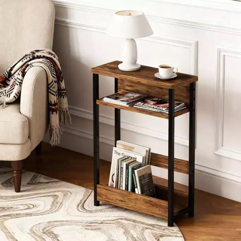 COZONY Tavolino stretto con 3 ripiani e portariviste, Tavolino sottile per piccoli spazi, Comodino moderno e sottile per soggiorno
