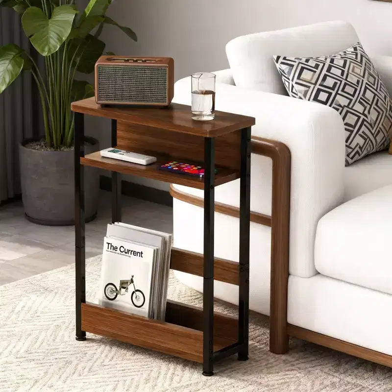 COZONY Tavolino stretto con 3 ripiani e portariviste, Tavolino sottile per piccoli spazi, Comodino moderno e sottile per soggiorno