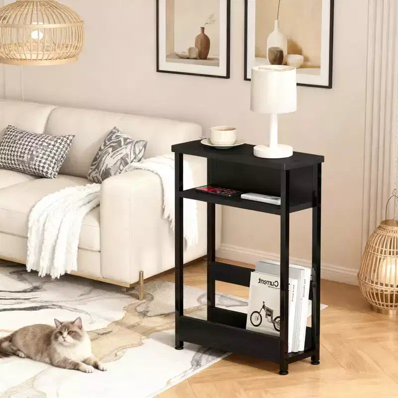 COZONY Tavolino stretto con 3 ripiani e portariviste, Tavolino sottile per piccoli spazi, Comodino moderno e sottile per soggiorno