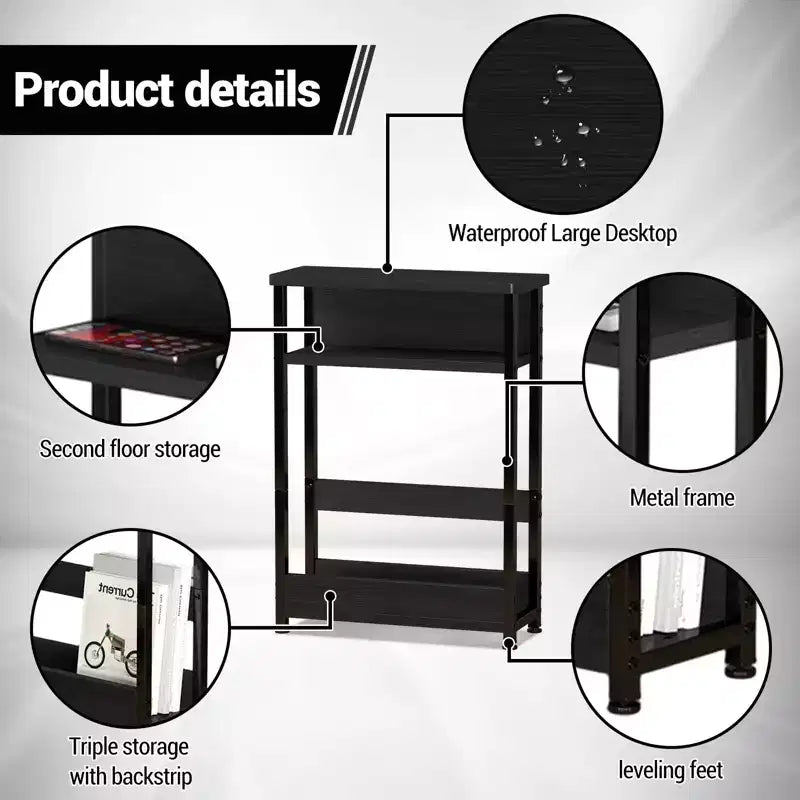 COZONY Tavolino stretto con 3 ripiani e portariviste, Tavolino sottile per piccoli spazi, Comodino moderno e sottile per soggiorno
