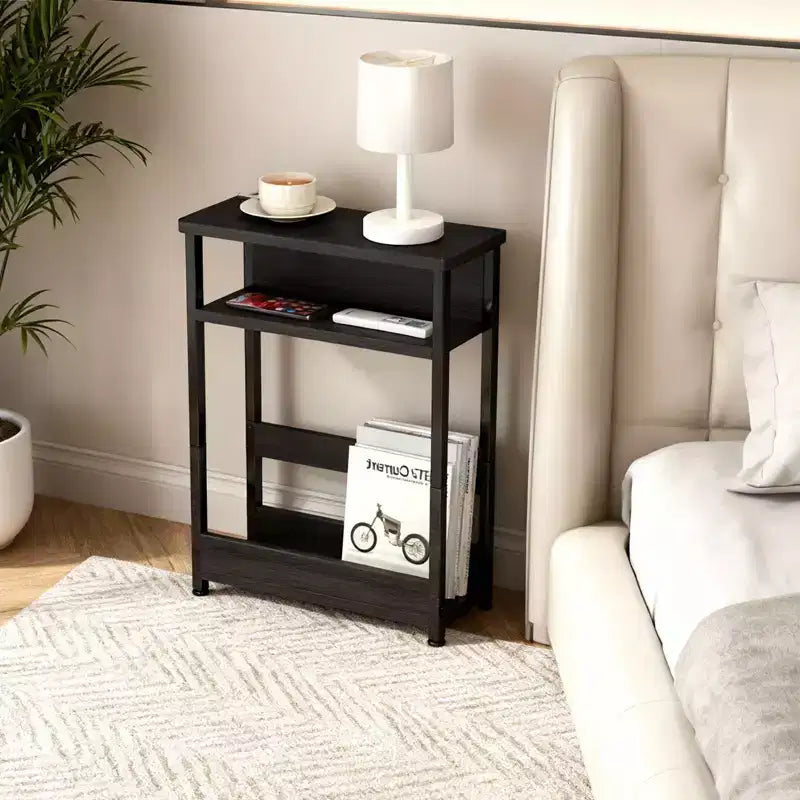 COZONY Narrow Side Table with 3-Tier Storage Shelf & Magazine Rack, Slim End Table for Small Spaces, Modern Skinny Bedside Nightstand for Living Room