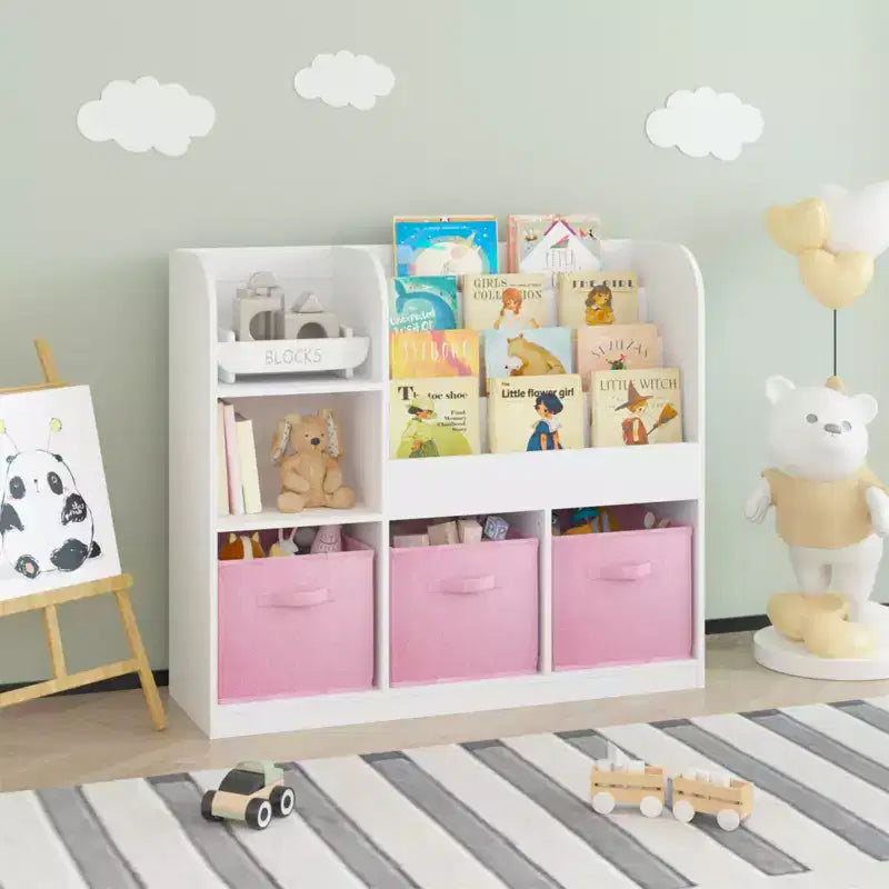 Book Storage Organizer for Kids 3 Collapsible Drawers, Wooden Bookcase Shelf with Compartments, Home, Playroom, Hallway, Kindergarten