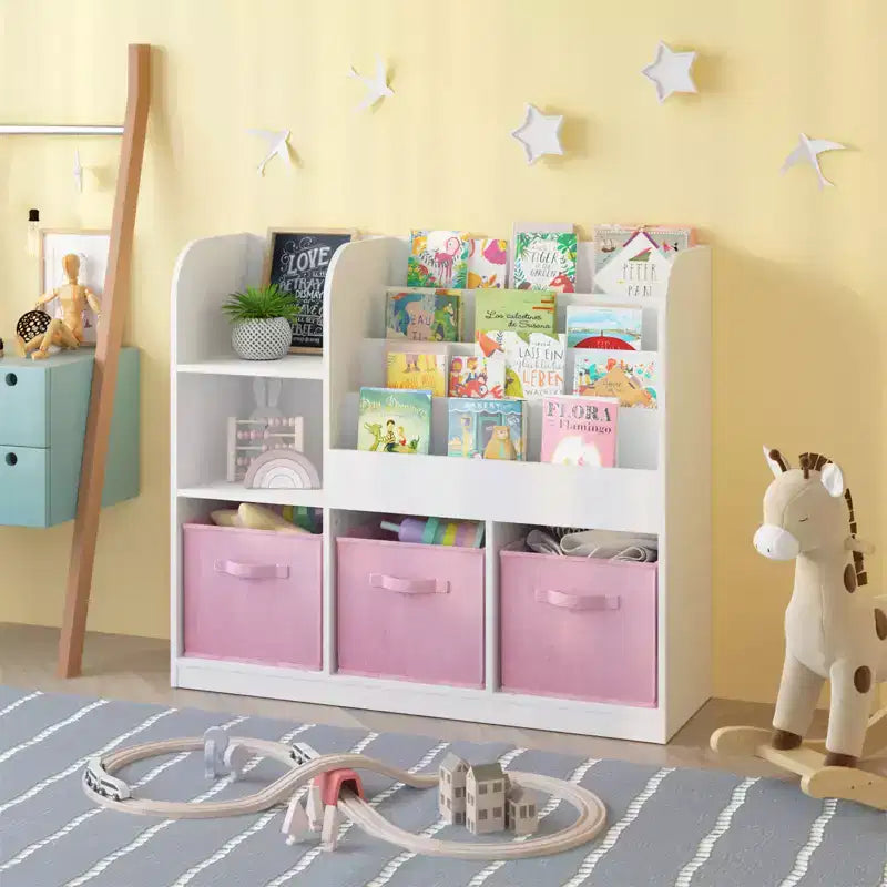 Organizzatore Porta Libri per Bambini con 3 Cassetti Pieghevoli, Scaffale Libreria in Legno con Scomparti, per Casa, Sala Giochi, Corridoio, Asilo