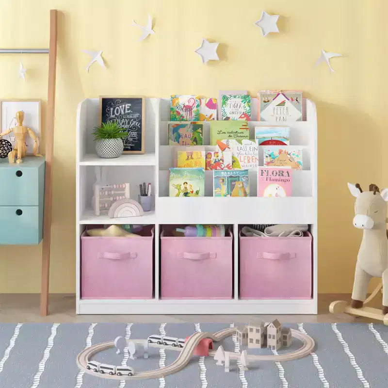 Organizzatore Porta Libri per Bambini con 3 Cassetti Pieghevoli, Scaffale Libreria in Legno con Scomparti, per Casa, Sala Giochi, Corridoio, Asilo
