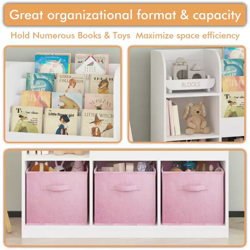 Organizzatore Porta Libri per Bambini con 3 Cassetti Pieghevoli, Scaffale Libreria in Legno con Scomparti, per Casa, Sala Giochi, Corridoio, Asilo