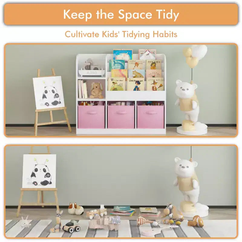 Organizzatore Porta Libri per Bambini con 3 Cassetti Pieghevoli, Scaffale Libreria in Legno con Scomparti, per Casa, Sala Giochi, Corridoio, Asilo