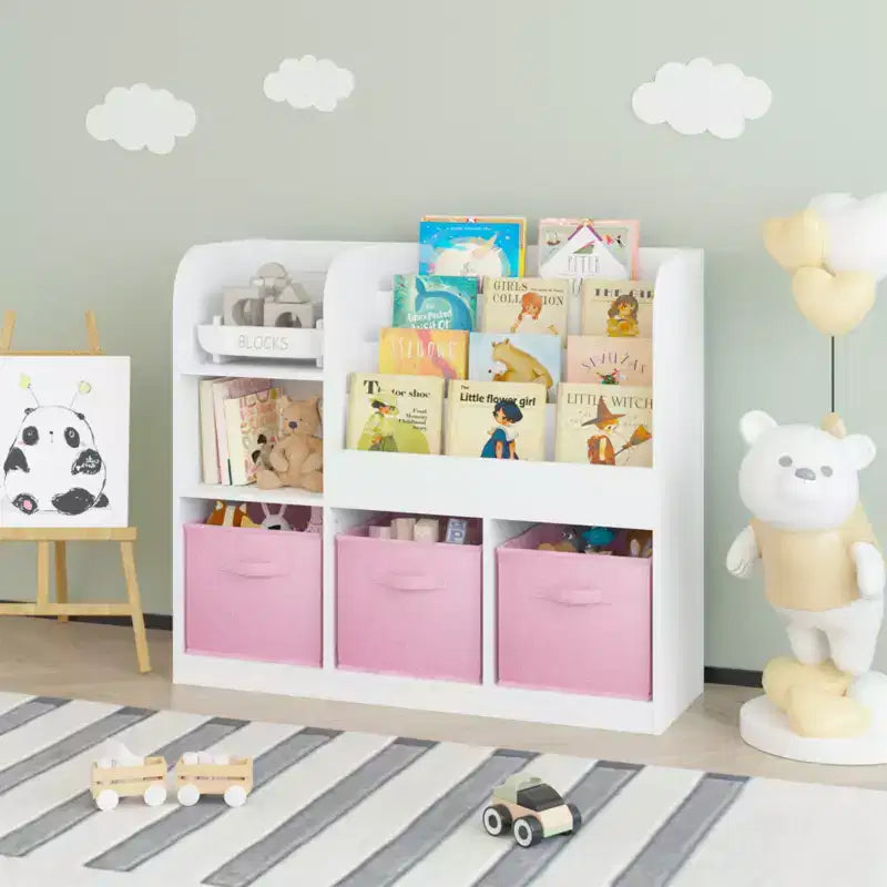 Organizzatore Porta Libri per Bambini con 3 Cassetti Pieghevoli, Scaffale Libreria in Legno con Scomparti, per Casa, Sala Giochi, Corridoio, Asilo