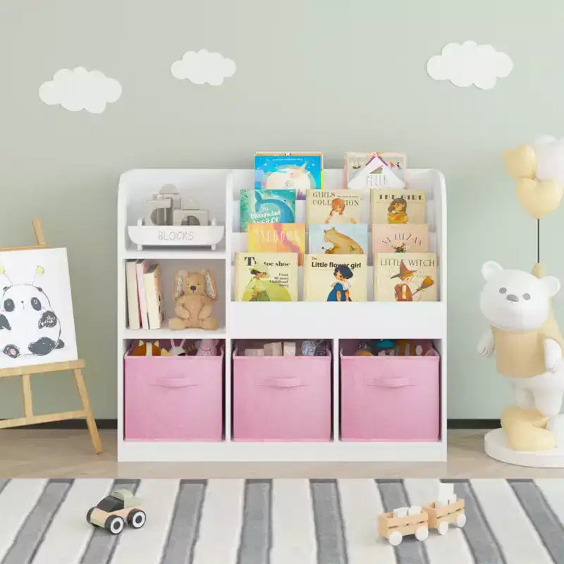 Organizzatore Porta Libri per Bambini con 3 Cassetti Pieghevoli, Scaffale Libreria in Legno con Scomparti, per Casa, Sala Giochi, Corridoio, Asilo
