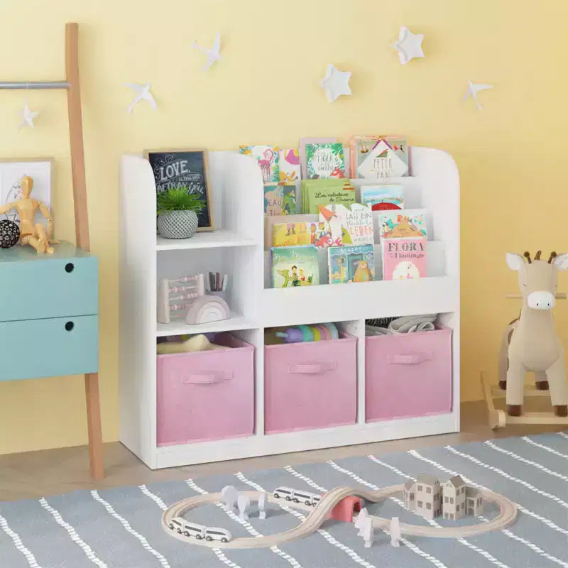 Organizzatore Porta Libri per Bambini con 3 Cassetti Pieghevoli, Scaffale Libreria in Legno con Scomparti, per Casa, Sala Giochi, Corridoio, Asilo