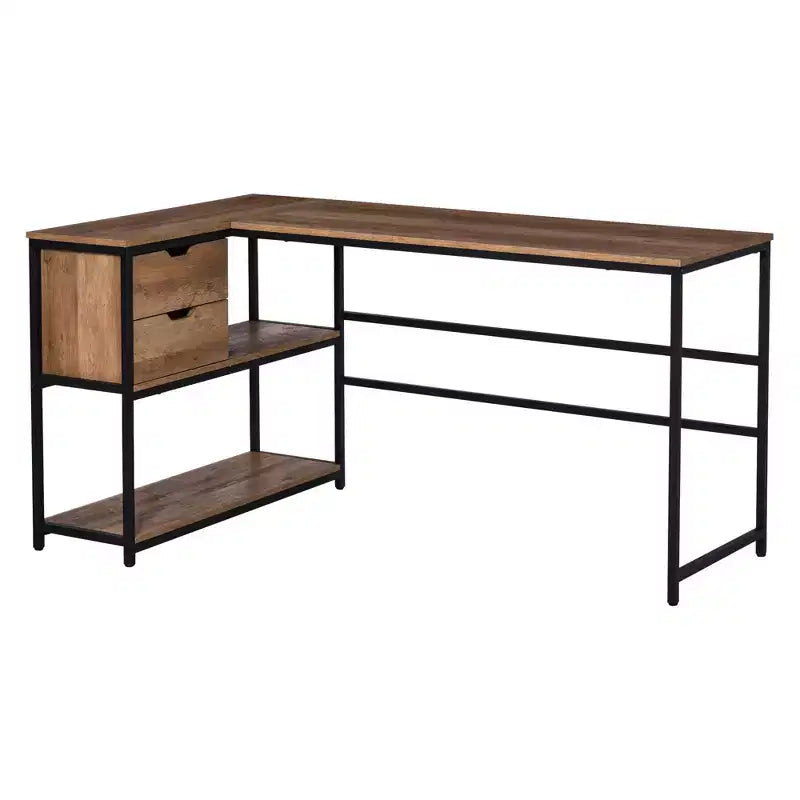 L-Shaped Home Offie Computer Desk with Storage Shelves, 2 Dawers and Industrial Steel Frame