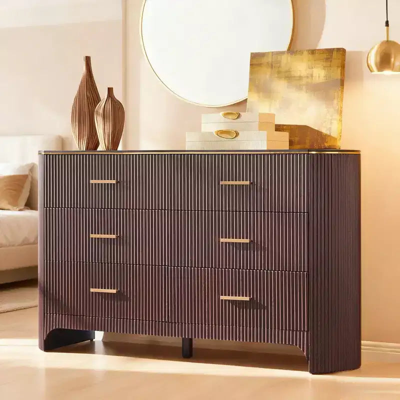 6 Drawer Dresser for Bedroom, 53.9 Wide Drawers with Gold Handles, Curved Profile, Wood Storage Dressers Organizer for Living Room