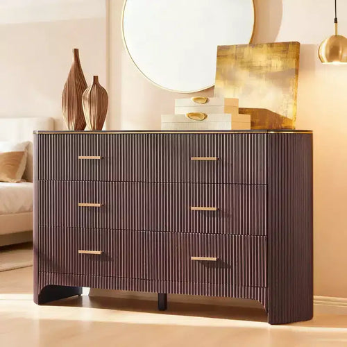 6 Drawer Dresser for Bedroom, 53.9 Wide Drawers with Gold Handles, Curved Profile, Wood Storage Dressers Organizer for Living Room