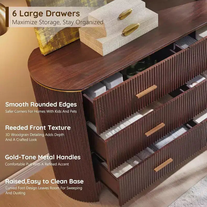 Cassettiera a 6 cassetti per camera da letto, cassetti larghi 136 cm con maniglie dorate, profilo curvo, organizer in legno per soggiorno