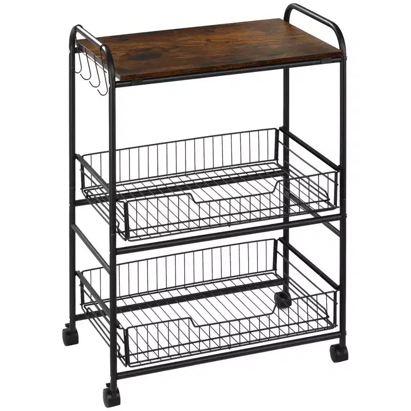 3 Tier Kitchen Cart with Storage, Rolling Kitchen Island Cart with 2 Sliding Fruit Basket and Side Hooks for Dining Room