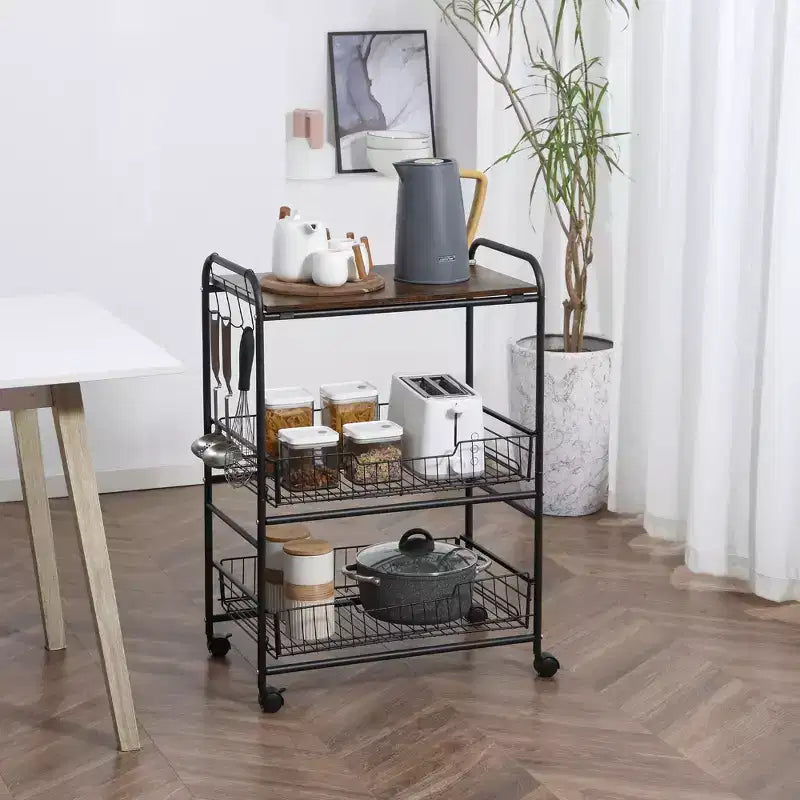 Carrello da cucina a 3 livelli con contenitore, carrello da isola da cucina su ruote con 2 cestelli scorrevoli per frutta e ganci laterali per sala da pranzo