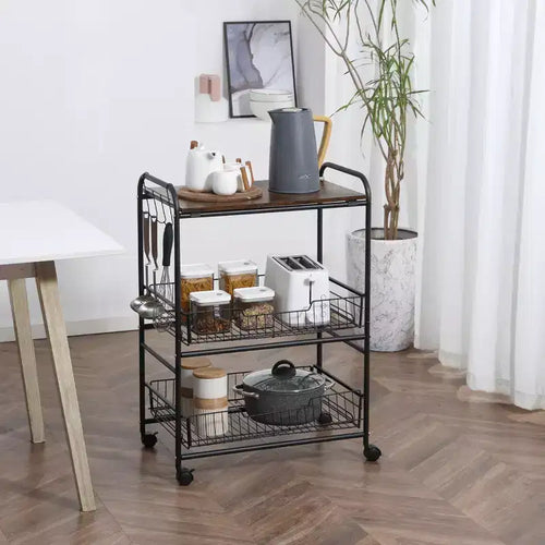 Carrello da cucina a 3 livelli con contenitore, carrello da isola da cucina su ruote con 2 cestelli scorrevoli per frutta e ganci laterali per sala da pranzo