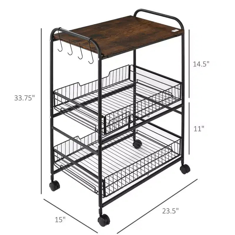 Carrello da cucina a 3 livelli con contenitore, carrello da isola da cucina su ruote con 2 cestelli scorrevoli per frutta e ganci laterali per sala da pranzo