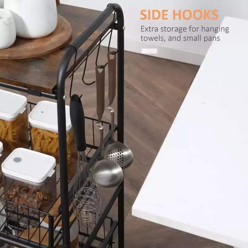 Carrello da cucina a 3 livelli con contenitore, carrello da isola da cucina su ruote con 2 cestelli scorrevoli per frutta e ganci laterali per sala da pranzo