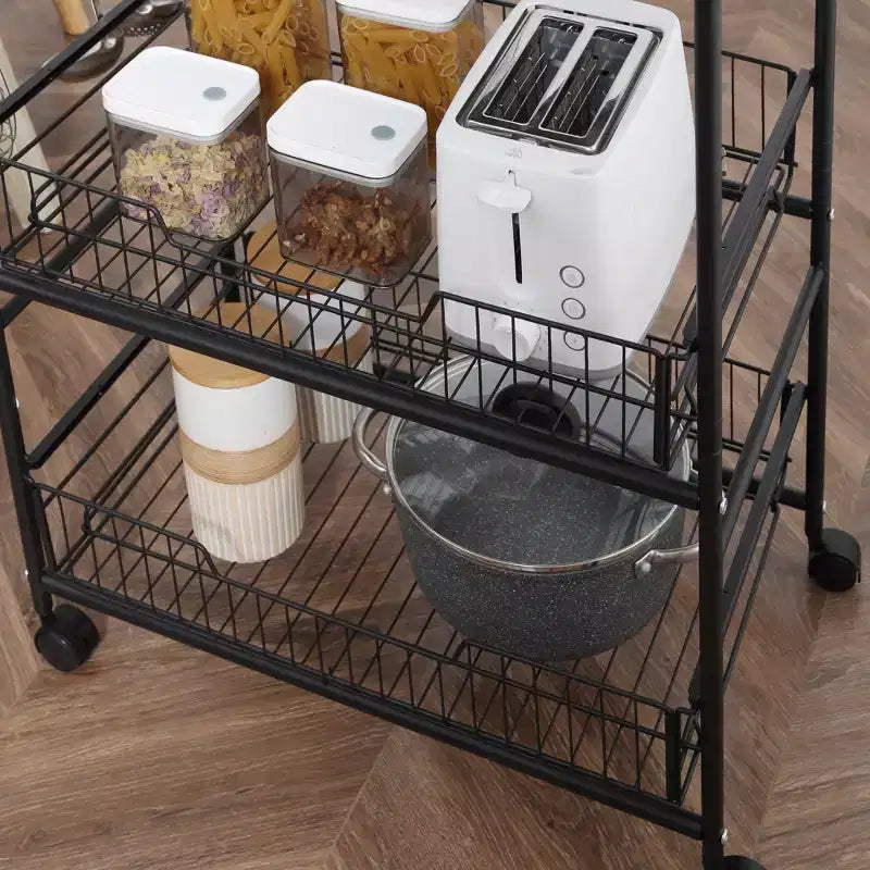Carrello da cucina a 3 livelli con contenitore, carrello da isola da cucina su ruote con 2 cestelli scorrevoli per frutta e ganci laterali per sala da pranzo