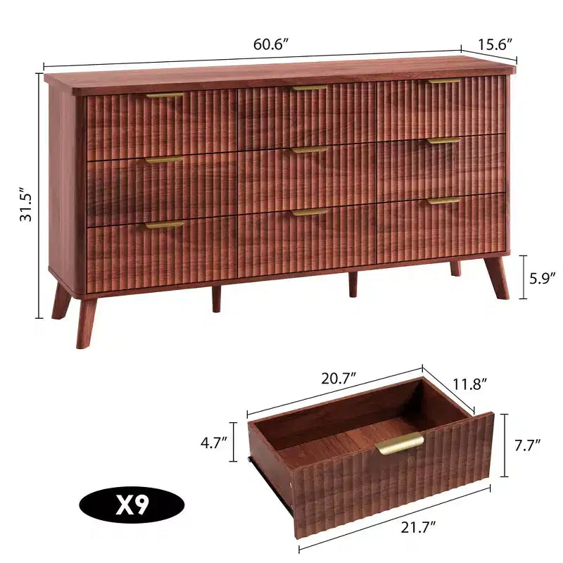 Comò a 9 cassetti per camera da letto, cassettiera da 154 cm di larghezza con maniglie dorate, comò scanalato, mobile TV, organizer per vestiti per soggiorno