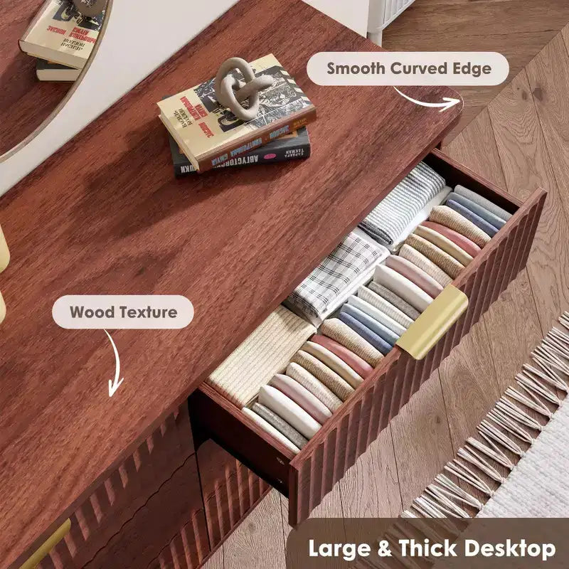 Comò a 9 cassetti per camera da letto, cassettiera da 154 cm di larghezza con maniglie dorate, comò scanalato, mobile TV, organizer per vestiti per soggiorno