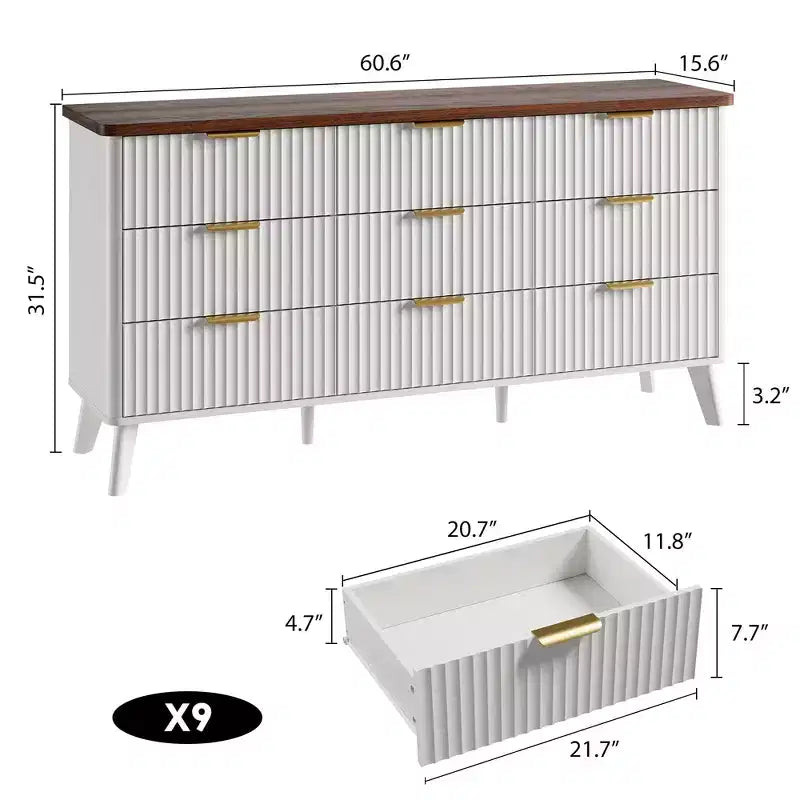 Comò a 9 cassetti per camera da letto, cassettiera da 154 cm di larghezza con maniglie dorate, comò scanalato, mobile TV, organizer per vestiti per soggiorno