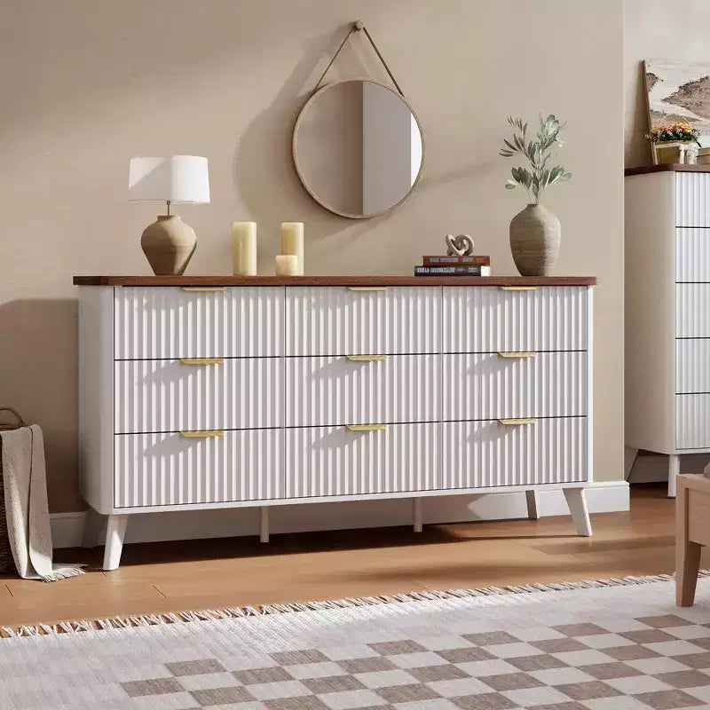 Comò a 9 cassetti per camera da letto, cassettiera da 154 cm di larghezza con maniglie dorate, comò scanalato, mobile TV, organizer per vestiti per soggiorno