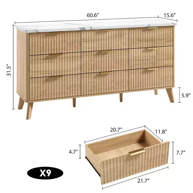 Comò a 9 cassetti per camera da letto, cassettiera da 154 cm di larghezza con maniglie dorate, comò scanalato, mobile TV, organizer per vestiti per soggiorno
