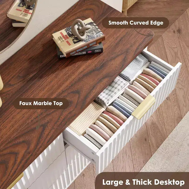 Comò a 9 cassetti per camera da letto, cassettiera da 154 cm di larghezza con maniglie dorate, comò scanalato, mobile TV, organizer per vestiti per soggiorno