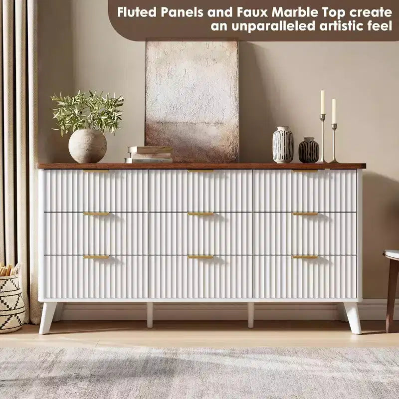 Comò a 9 cassetti per camera da letto, cassettiera da 154 cm di larghezza con maniglie dorate, comò scanalato, mobile TV, organizer per vestiti per soggiorno