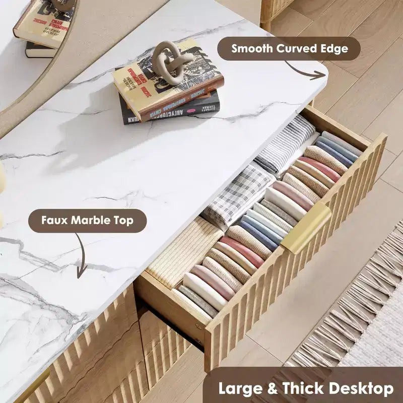 Comò a 9 cassetti per camera da letto, cassettiera da 154 cm di larghezza con maniglie dorate, comò scanalato, mobile TV, organizer per vestiti per soggiorno