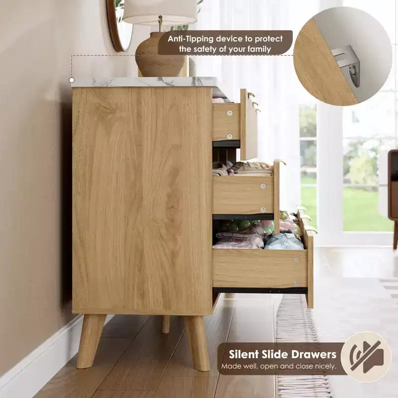 Comò a 9 cassetti per camera da letto, cassettiera da 154 cm di larghezza con maniglie dorate, comò scanalato, mobile TV, organizer per vestiti per soggiorno