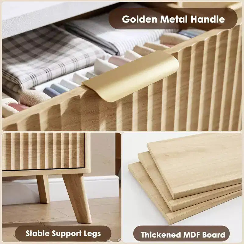Comò a 9 cassetti per camera da letto, cassettiera da 154 cm di larghezza con maniglie dorate, comò scanalato, mobile TV, organizer per vestiti per soggiorno