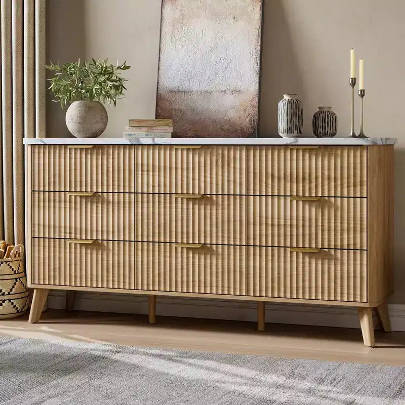 9 Drawer Dresser for Bedroom, 60.6W Chest of Drawers with Gold Handle, Fluted Dresser TV Stand, Clothing Storage Organizer for Living Room