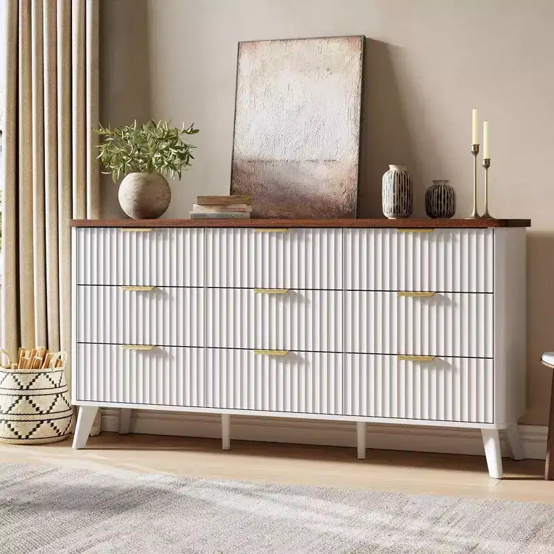 Comò a 9 cassetti per camera da letto, cassettiera da 154 cm di larghezza con maniglie dorate, comò scanalato, mobile TV, organizer per vestiti per soggiorno