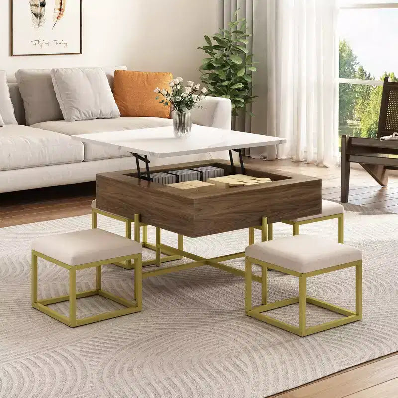 Square Lift-Top Coffee Table with Ottomans and Storage, Gold Center Table Set with Stools Underneath for Living Room, White & Walnut