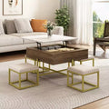 Square Lift-Top Coffee Table with Ottomans and Storage, Gold Center Table Set with Stools Underneath for Living Room, White & Walnut