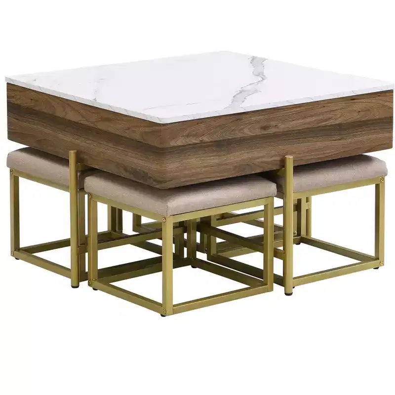 Tavolino quadrato sollevabile con pouf e contenitore, Set tavolino da salotto color oro con sgabelli sottostanti per soggiorno, Bianco e noce