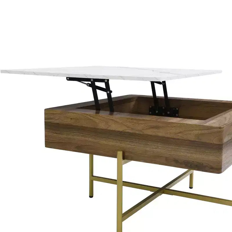 Tavolino quadrato sollevabile con pouf e contenitore, Set tavolino da salotto color oro con sgabelli sottostanti per soggiorno, Bianco e noce