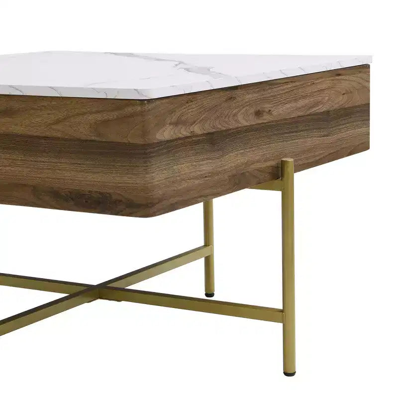 Tavolino quadrato sollevabile con pouf e contenitore, Set tavolino da salotto color oro con sgabelli sottostanti per soggiorno, Bianco e noce