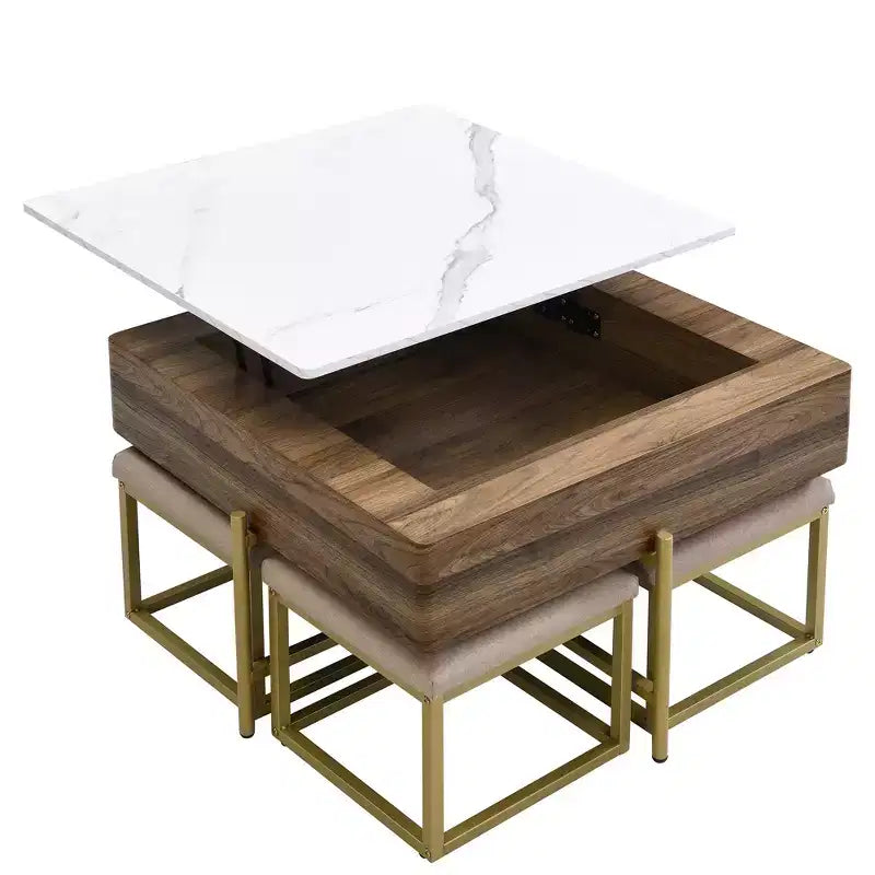Tavolino quadrato sollevabile con pouf e contenitore, Set tavolino da salotto color oro con sgabelli sottostanti per soggiorno, Bianco e noce