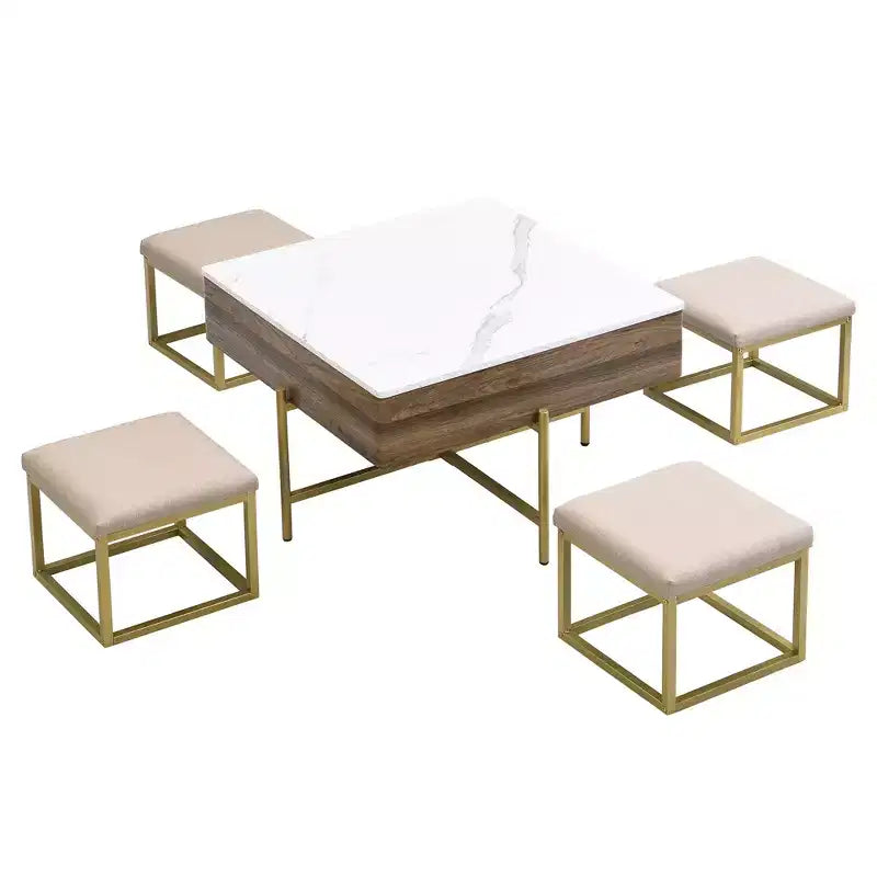 Tavolino quadrato sollevabile con pouf e contenitore, Set tavolino da salotto color oro con sgabelli sottostanti per soggiorno, Bianco e noce
