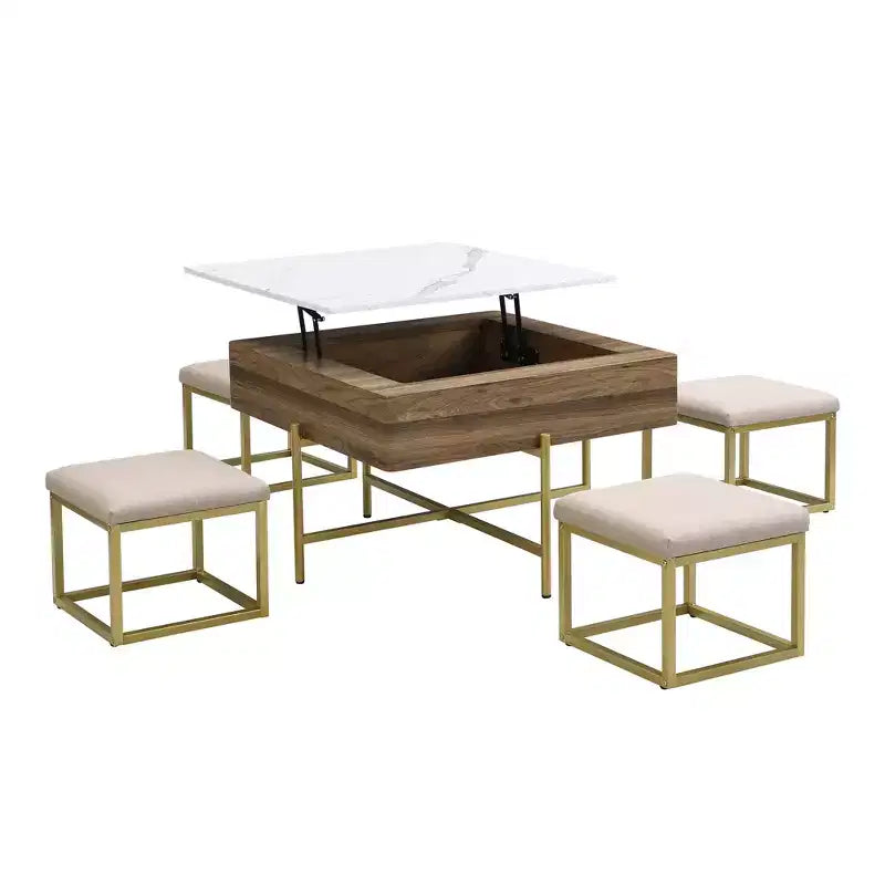 Tavolino quadrato sollevabile con pouf e contenitore, Set tavolino da salotto color oro con sgabelli sottostanti per soggiorno, Bianco e noce