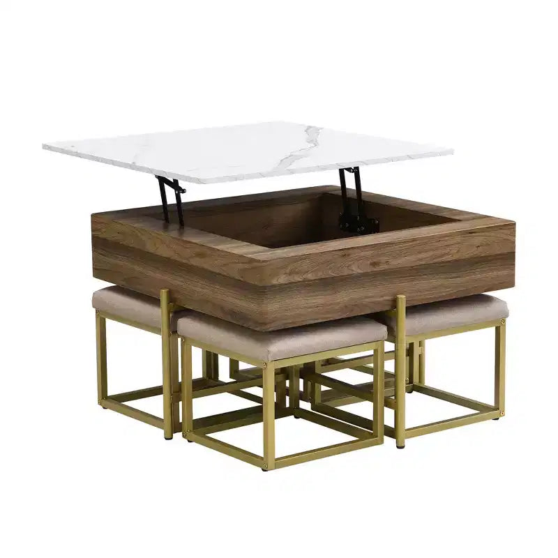 Tavolino quadrato sollevabile con pouf e contenitore, Set tavolino da salotto color oro con sgabelli sottostanti per soggiorno, Bianco e noce