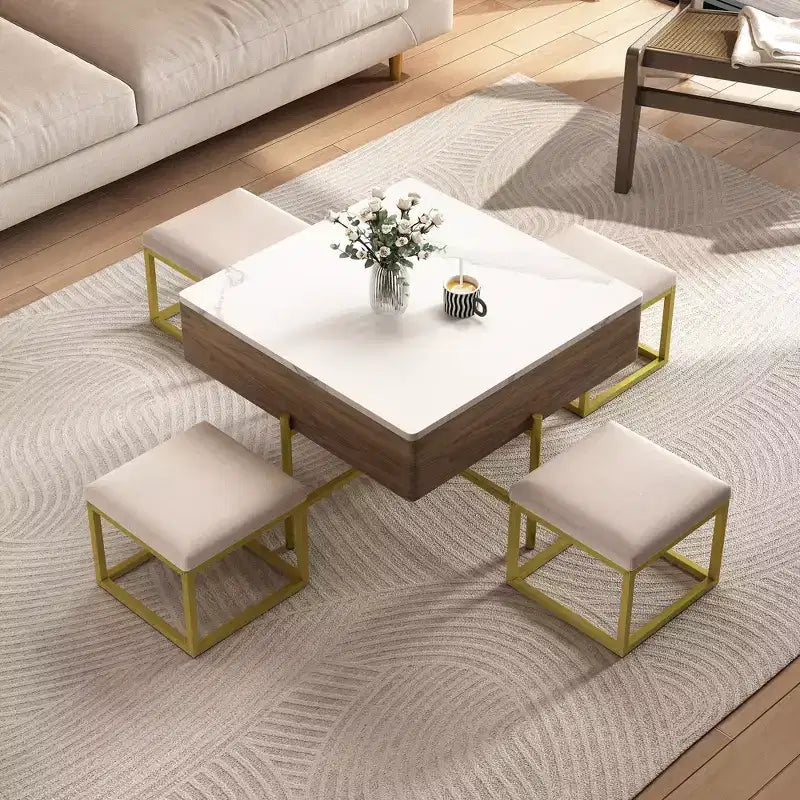 Tavolino quadrato sollevabile con pouf e contenitore, Set tavolino da salotto color oro con sgabelli sottostanti per soggiorno, Bianco e noce